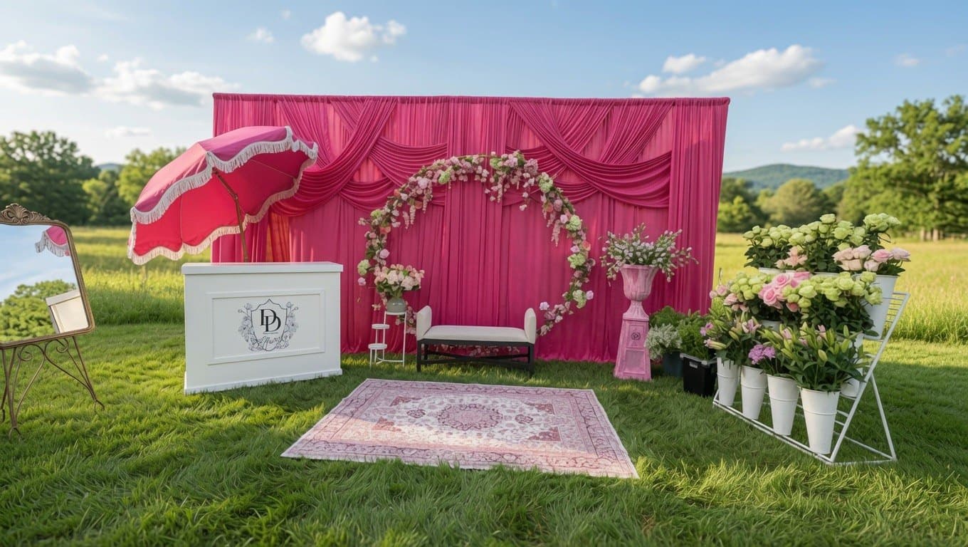 The Day Dream Affairs Bloom Bar — a styled outdoor setup with a pink backdrop, floral arch, monogrammed counter, and a flower cart of seasonal stems