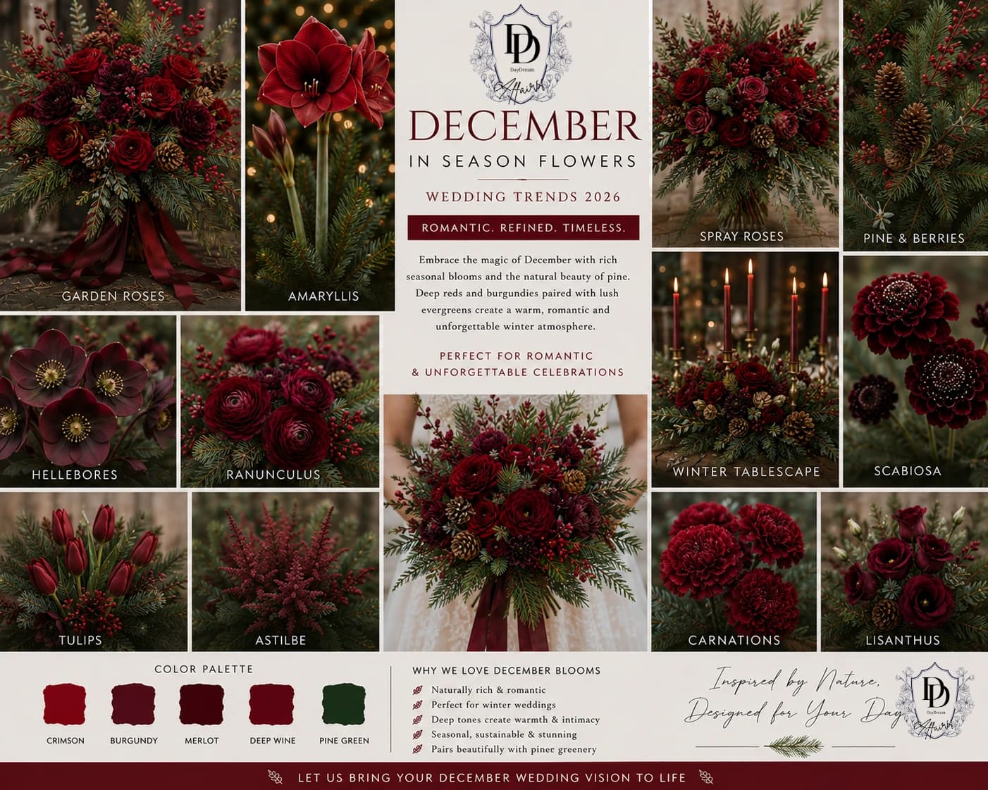 December Christmas wedding flowers, deep red palette — Day Dream Affairs
