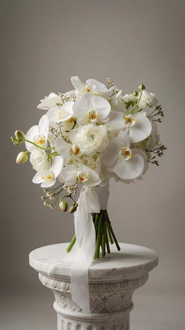 White Orchid & Ranunculus bridal bouquet — Day Dream Affairs